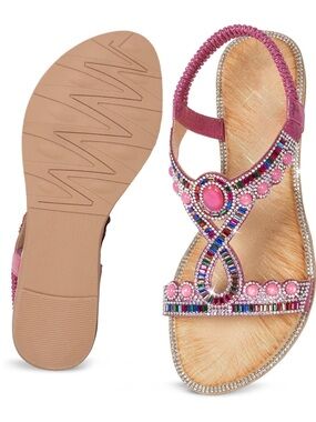 Pink Jeweled Thong Sandals with Beaded Accent